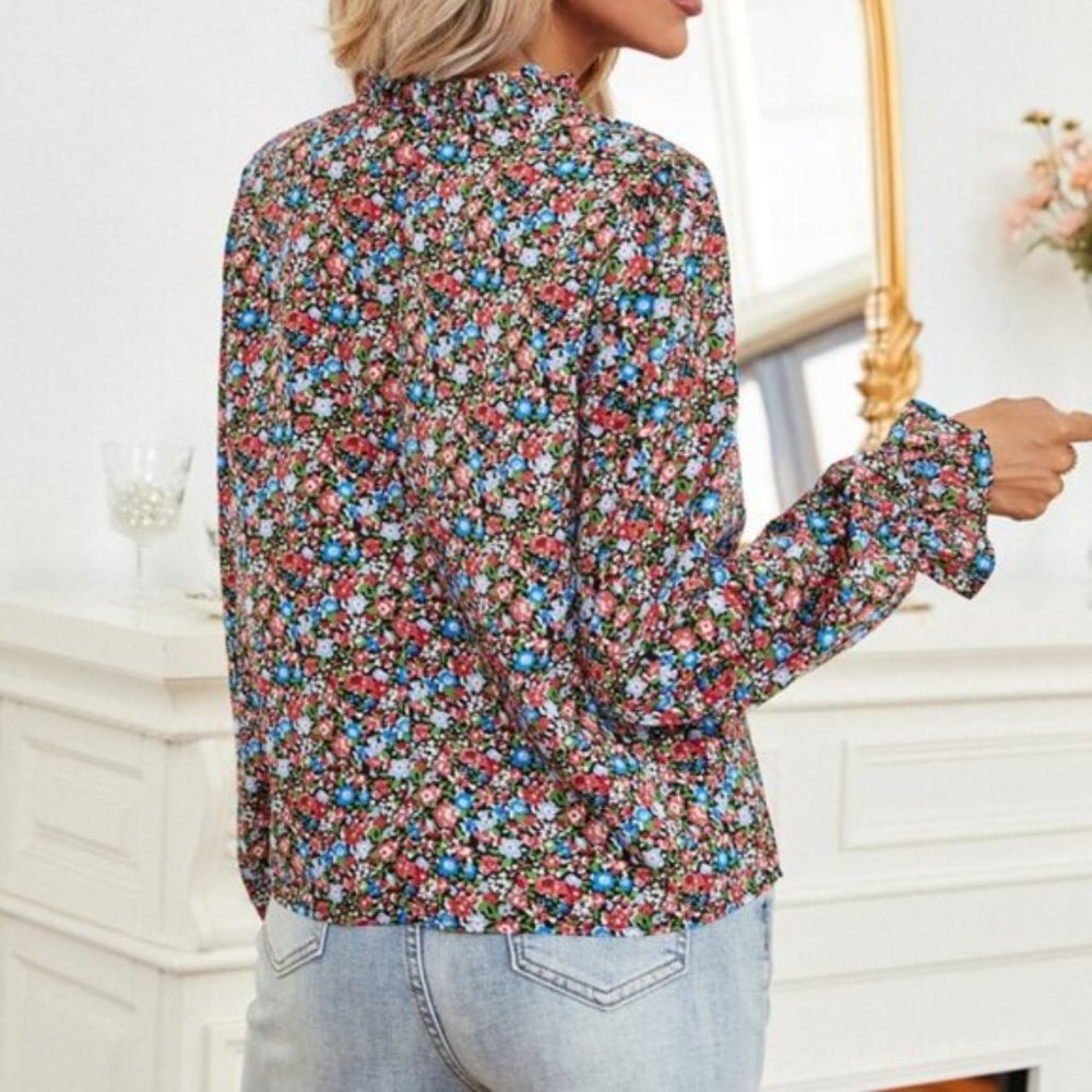 Notch Neck Puff Sleeve Ditsy Floral Blouse - Picture 5 of 5